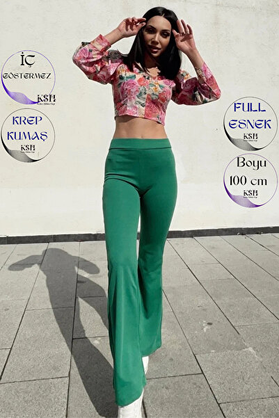 Siyah Kadın Yeşil Likralı Yüksek Bel Toparlayıcı Ispanyol Paça Tayt Pantolon ...