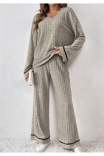 Little Visqon Beige Women's Double Suit - V-Neck Stripe, Stripe Detailed Casual Camisole