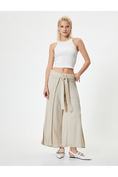 Koton Slit Double-Breasted Summer Trousers - Wide Leg and Tie Detail