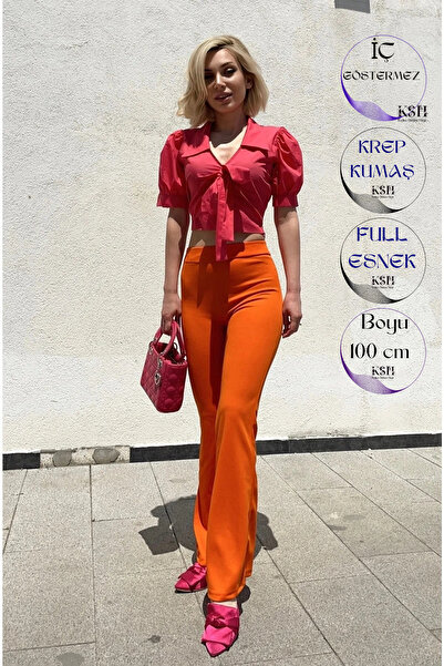 Siyah Kadın Turuncu Likralı Yüksek Bel Toparlayıcı Ispanyol Paça Tayt Pantolon 100 Cm