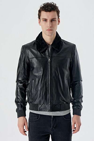 İmza قميص أسود بياقة من الجلد الأصلي مريح ومناسب للقصة العادية معطف غير رسمي 1038235208