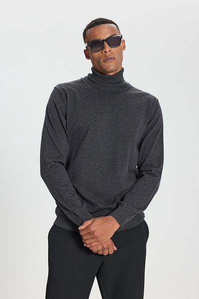 ALTINYILDIZ CLASSICS Men's Anthracite-Melange Cotton Standard Fit Regular Cut Full Turtleneck Basic Knitwear Sweater