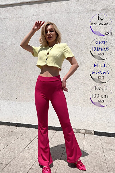 Siyah Kadın Fuşya Likralı Yüksek Bel Toparlayıcı Ispanyol Paça Tayt Pantolon ...