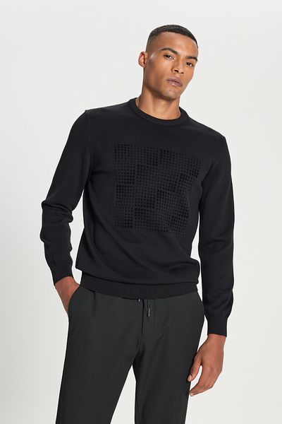 ALTINYILDIZ CLASSICS Pulover pentru bărbați, negru, 100% bumbac, cu croiala standard, cu decolteu rotund, cu imprimeu