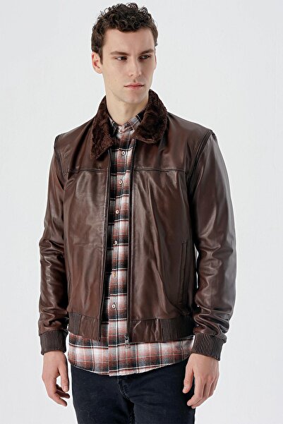 İmza Dark brown shirt collar genuine leather comfort fit casual cut casual jacket 1038235208