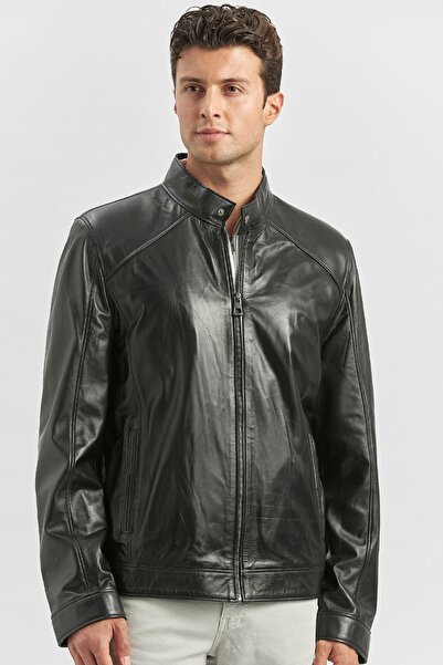 İmza Genuine Leather Black Slim Fit Casual Coat - Stand Collar and Lined1038235153