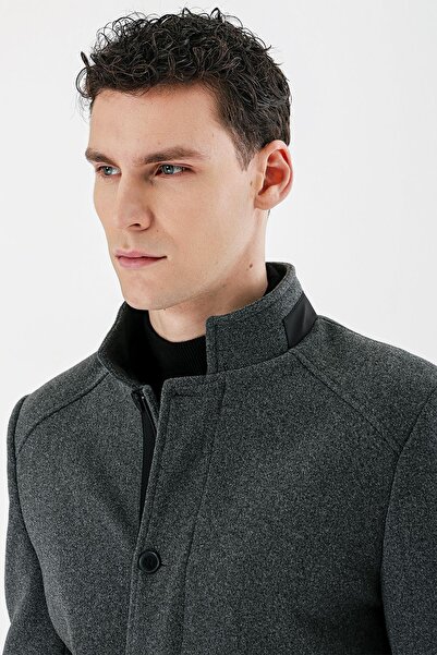 İmza Koyu Antrasit Kaşe Hakim Yaka Astarlı Slim Fit Dar Kesim Casual Mont 1007235171