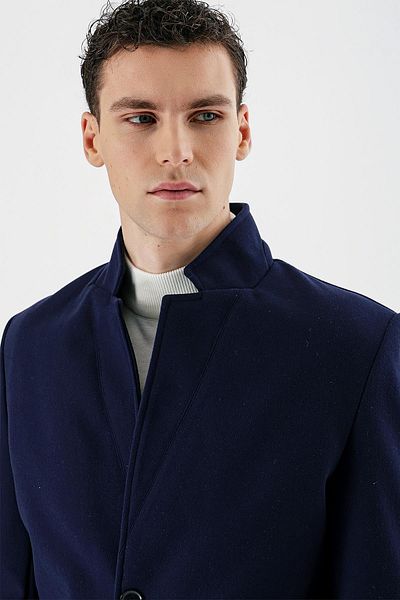 İmza Тъмно тъмносиньо щамповано щамповано яка с подплата Slim Fit Slim Fit ежедневно палто1007235170