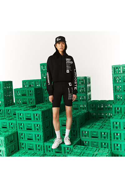Lacoste X Minecraft Kadın Relaxed Fit Kapüşonlu Baskılı Siyah Sweatshirt