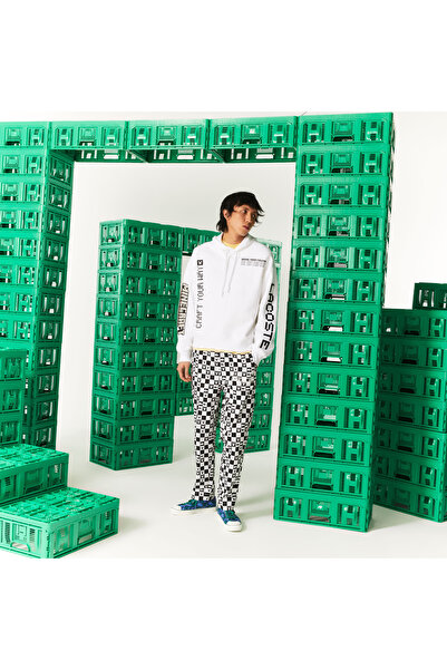 Lacoste X Minecraft Erkek Relaxed Fit Kapüşonlu Baskılı Beyaz Sweatshirt