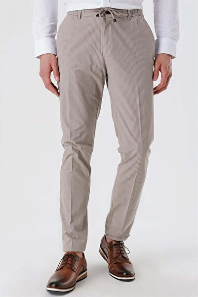 İmza Koyu Bej Çizgili Armürlü % 100 Pamuk Yan Cep Slim Fit Dar Kesim Casual Pantolon 1003230159