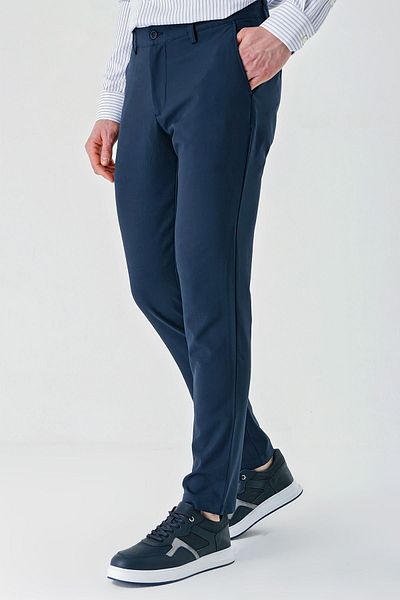 İmza Dark Navy Blue Lycra Dobby Comfortable Casual Trousers with Side Pockets - 1003240158