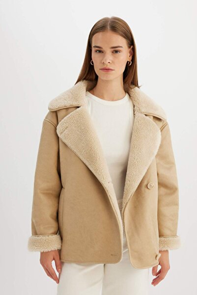 DeFacto Dfc - Relax Fit Double Breasted Collar Buttoned Seasonal Plush Lined Suede Coat