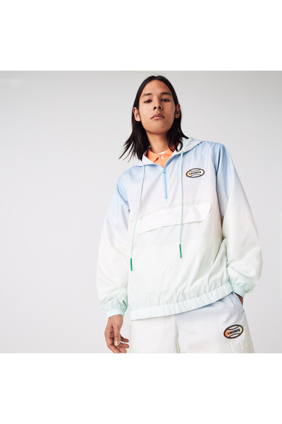 Lacoste L!VE Unisex Kapüşonlu Baskılı Mavi Ceket