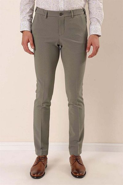 İmza Pantaloni clasici slim fit cu buzunare laterale Dobby Lycra cu model kaki închis1003230170