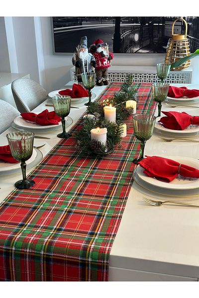 Decamor home New Year Themed New Year Runner Green Red Plaid Pattern Runner