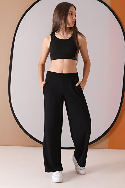 Cansın Mini Siyah Geniş Paça Kesim Basic Kız Çocuk Pantolon 19744