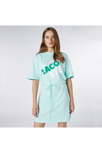 Lacoste فستان نسائي فضفاض بأكمام قصيرة ورقبة دائرية ومطبوع باللون الأخضر الفاتح