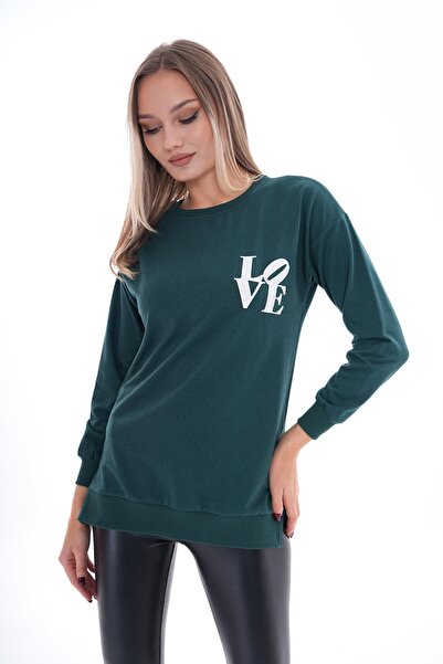 ŞİMAL Women's Printed Side Slit Detailed Crew Neck Two Thread Sweatshirt 255037 -
