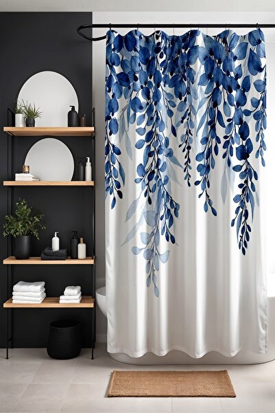 EVPANYA Banyo Perdesi, Mavi Sarkaçlı Yapraklar Desenli Duş Perdesi, Küvet Perdesi 175x200cm