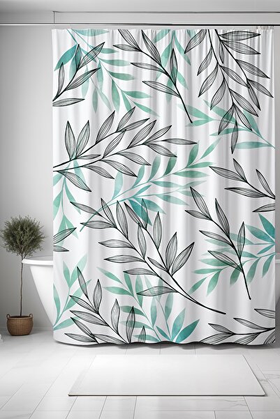 EVPANYA Model de frunze acuarelă verde - Baie, desen de cărbune și perdea pentru cadă 175x200cm