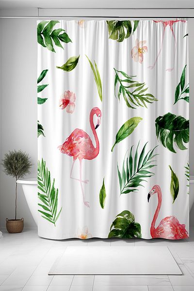 EVPANYA Κουρτίνα μπάνιου 175x200cm - Φύλλα και ροζ μοτίβο φλαμίνγκο, κουρτίνα μπανιέρας