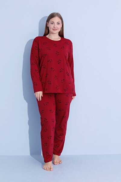 pijamacity Büyük Beden Kadın Bordo Uzun Kollu Pamuklu Pijama Takımı
