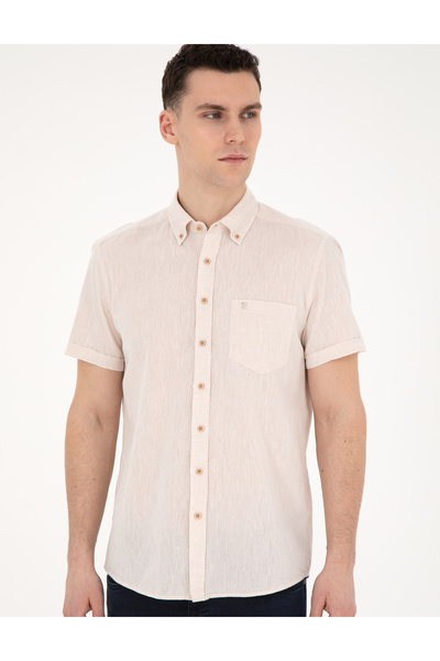 Pierre Cardin Beige Linen Blended Regular Fit Short Sleeve Shirt 50284166-Vr011