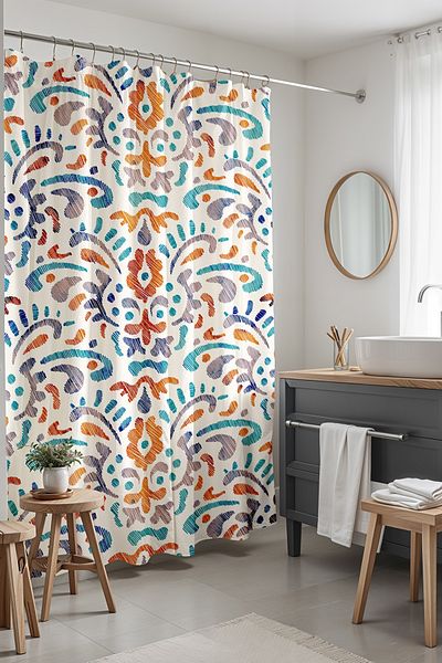 EVPANYA 175x200cm Perdele de baie cu Motiv Ikat Portocaliu Turcoaz - Model Duș și Cadă