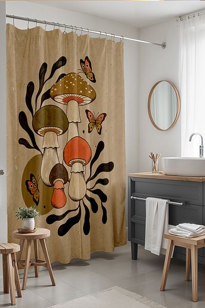 EVPANYA Κουρτίνα μπάνιου με σχέδια 175x200cm - Μανιτάρια και πεταλούδες Boho