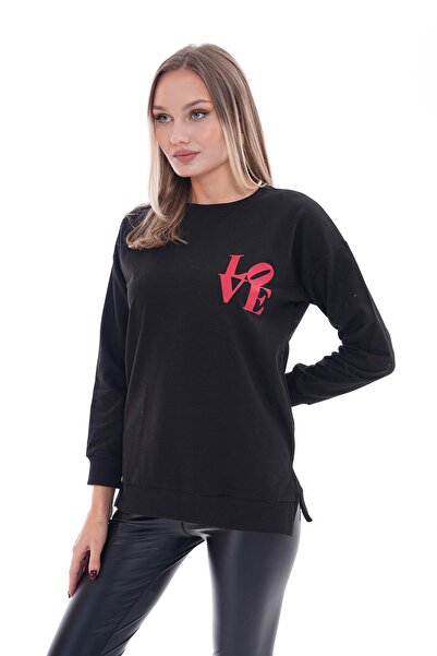 ŞİMAL Γυναικείο φούτερ με στάμπα με λεπτομέρεια στο πλάι με λαιμόκοψη και δύο κλωστές 255037 -