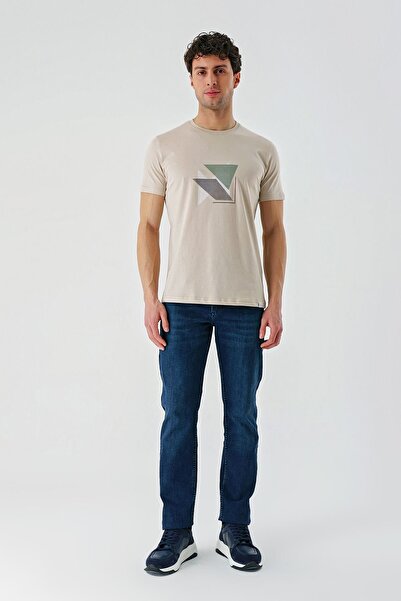 İmza Μπλουζάκι με μπεζ εμπριμέ υφασμάτινο λαιμόκοψη 100% βαμβάκι Casual Slim Fit Slim Fit T-shirt 1011240168