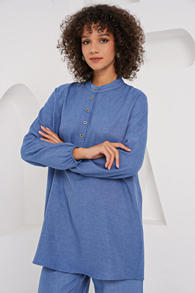 Bigdart 6678 Keten Tunik Pantolon İkili Takım - İndigo