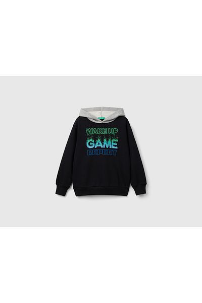 United Colors of Benetton Boy's Black Front Printed Hooded Contrast Color Sweatshirt