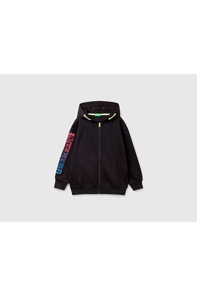 United Colors of Benetton Boy's Black Contrast Color Detailed Printed Zippered Hooded Sweatshirt