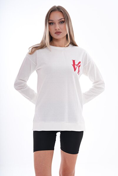 ŞİMAL Γυναικείο φούτερ με στάμπα με λεπτομέρεια στο πλάι με λαιμόκοψη και δύο κλωστές 255037 -