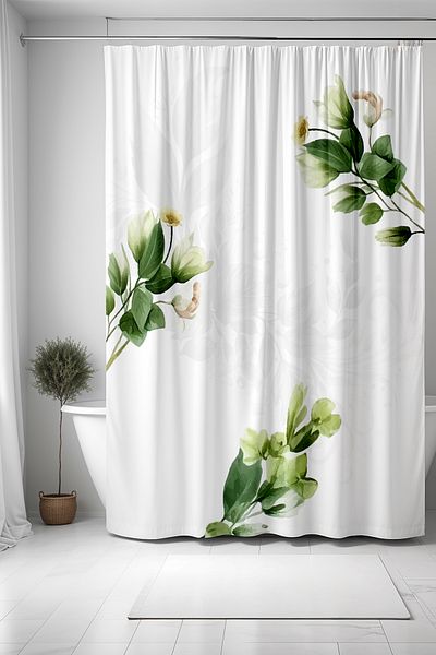 EVPANYA Perdeau de baie, perdea de dus cu model flori albe, perdea de cada 175x200cm