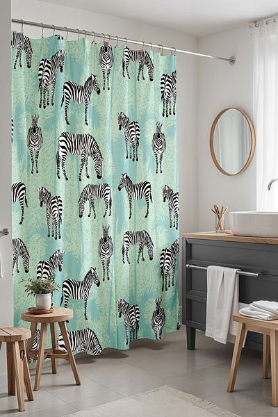 EVPANYA 175x200cm Perdele de baie cu model de palmieri și zebre albastre