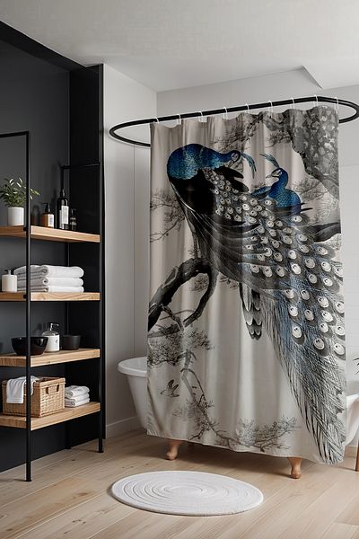 EVPANYA Perdeau de baie, perdea de duș cu model păuni creion negru, perdea de cadă 175x200cm