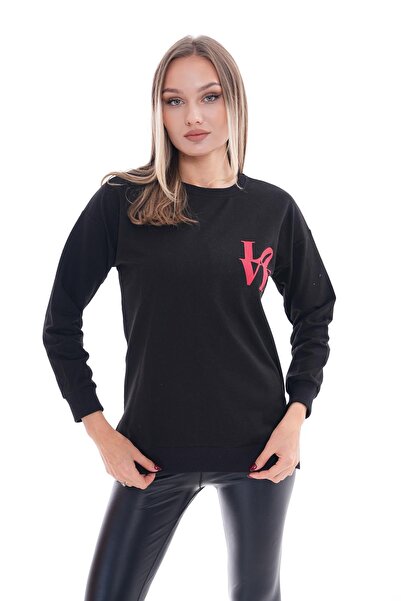 ŞİMAL Women's Printed Side Slit Detailed Crew Neck Two Thread Sweatshirt 255037 -