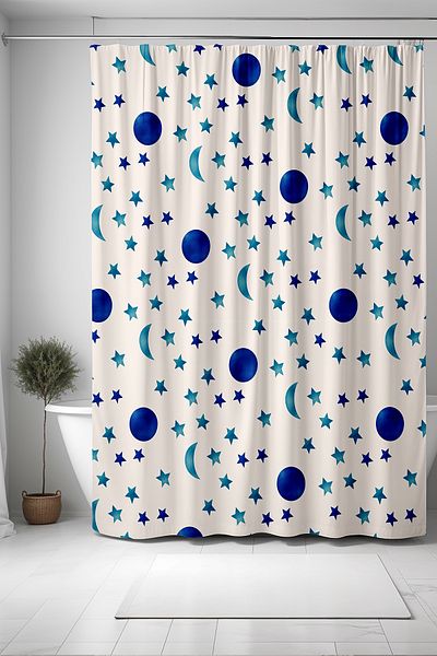 EVPANYA Perdele de baie turcoaz albastru bleumarin cu model de lună și stele 175x200cm - perdea de cadă