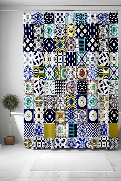 EVPANYA Perdeau de baie, gresie cu model geometric Perdeau de dus cu model, perdea de cada 175x200cm