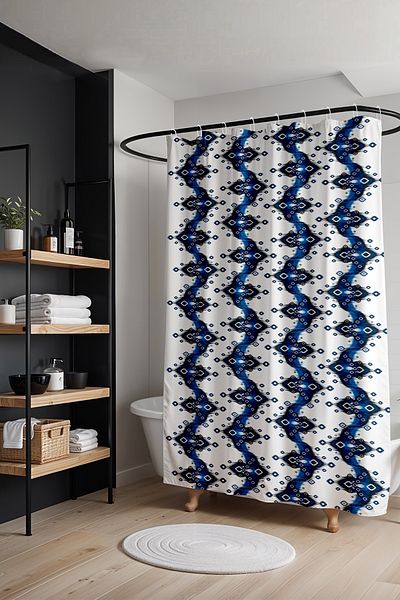 EVPANYA Perdeau de baie, perdea de duș cu model etnic Ikat bleumarin, perdea de cadă 175x200cm