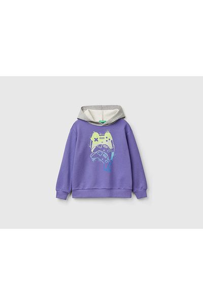 United Colors of Benetton Boy's Purple Front Printed Hooded Contrast Color Sweatshirt
