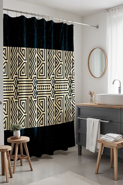 EVPANYA Perdeau de baie, perdea de duș cu model geometric albastru închis, perdea de cadă 175x200cm