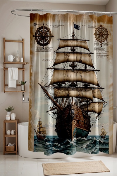 EVPANYA Завеса за баня, Завеса за душ с античен корабен мотив, Завеса за вана 175x200 см
