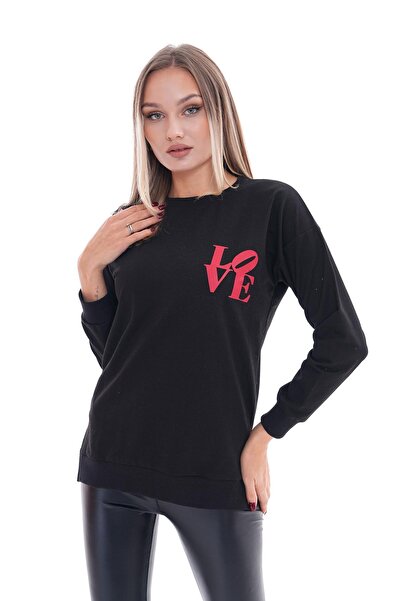ŞİMAL Women's Printed Side Slit Detailed Crew Neck Two Thread Sweatshirt 255037 -