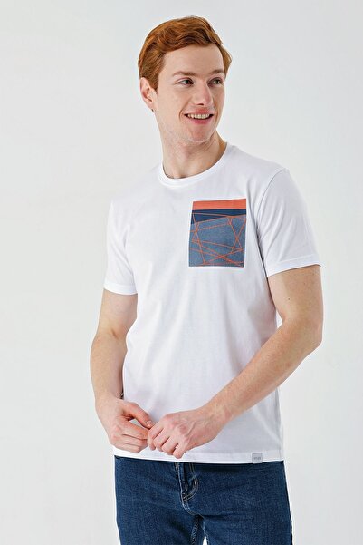 İmza Λευκό εμπριμέ υφασμάτινο μπλουζάκι με λαιμόκοψη 100% βαμβάκι Casual Slim Fit Slim Fit T-shirt 1011240169