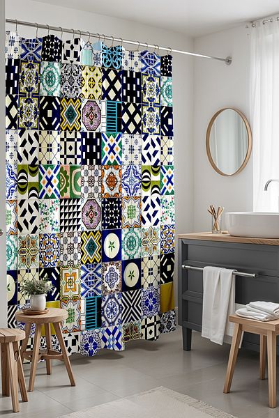 EVPANYA Perdeau de baie, gresie cu model geometric Perdeau de dus cu model, perdea de cada 175x200cm
