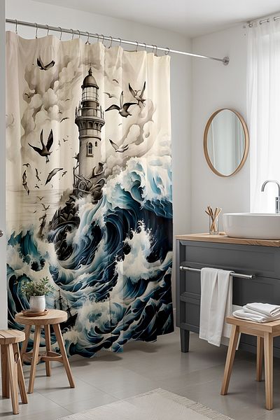 EVPANYA Perdeau pentru baie, perdea de duș cu model lanternă în mare ondulată, perdea pentru cadă 175x200cm